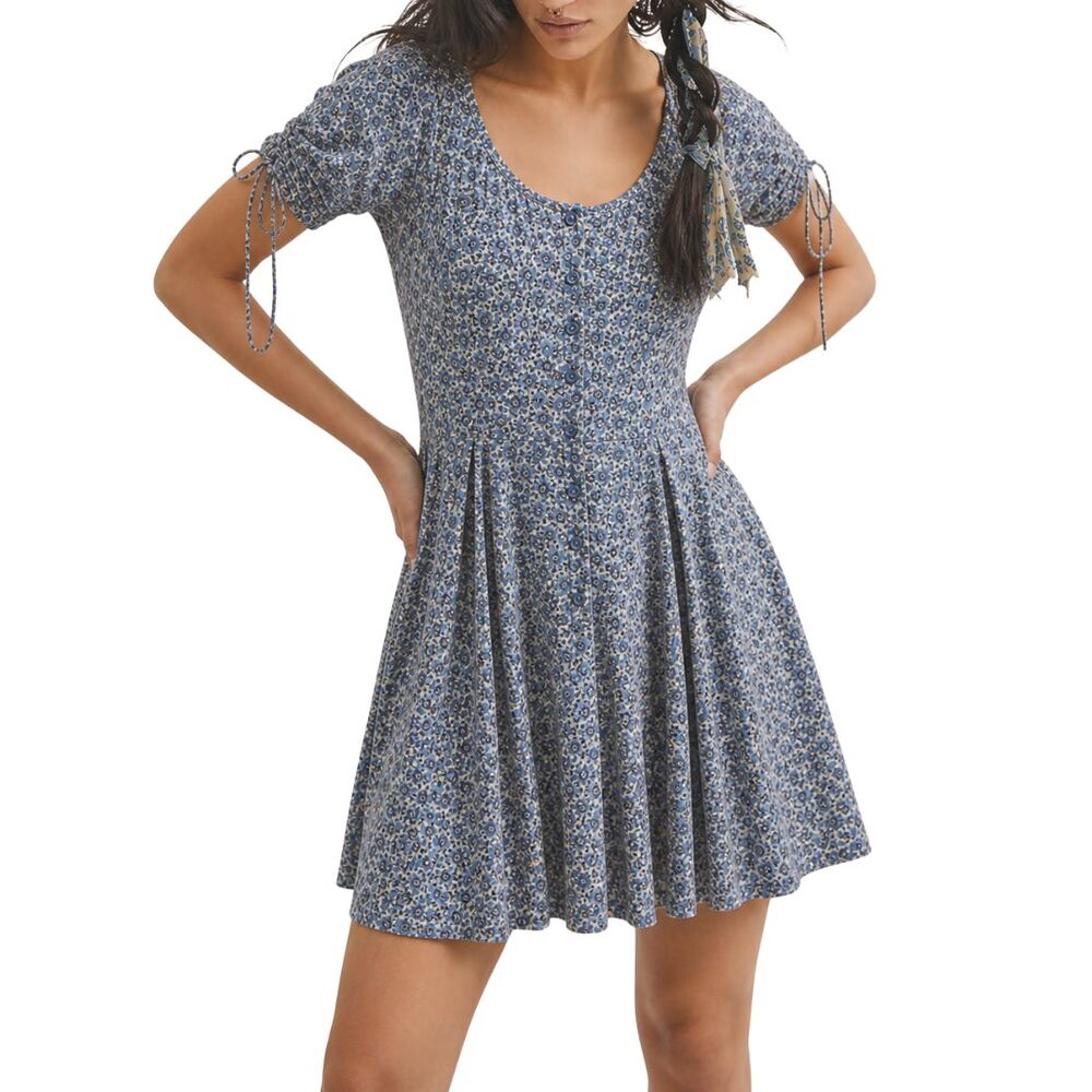 Free People Ditsy Floral Mini Dress XS Blue Boho Tie Sleeve Cottagecore Coquette